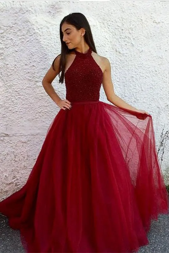 Burgundy Halter Beaded A Line Sleeveless Tulle Long Prom Dresses OK992