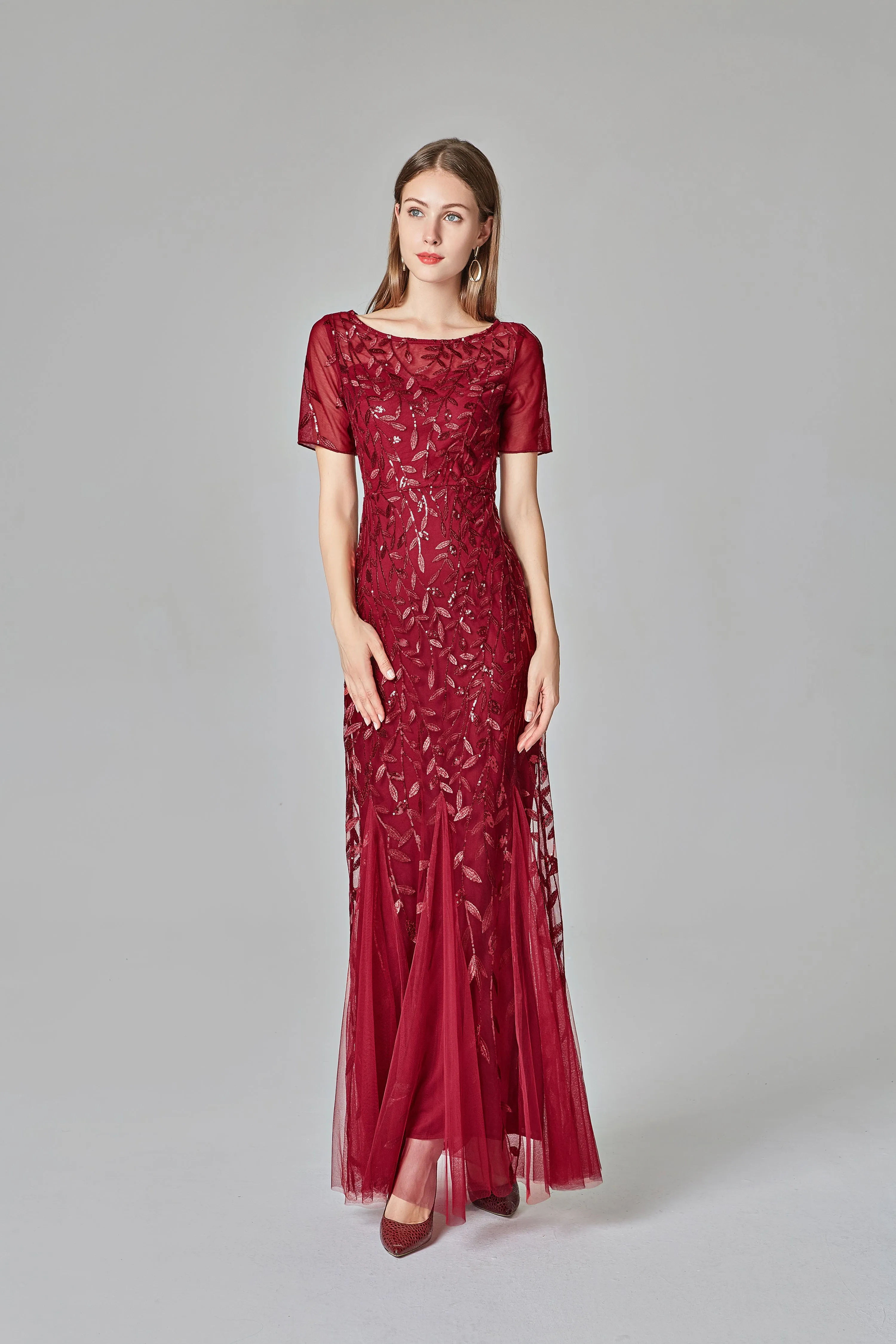 Burgundy Sheath Short Sleeves Round Long Prom Dress 90801