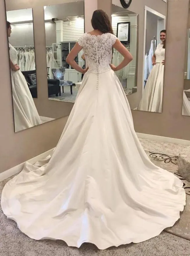 Cap Sleeve Lace Top A Line Cheap Long Bridal Wedding Dresses, BGP244