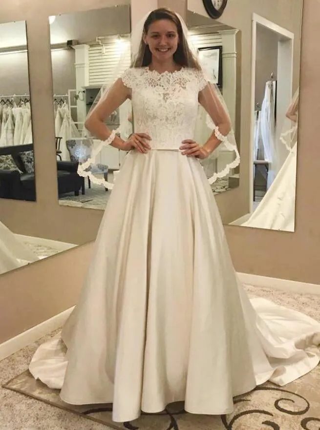 Cap Sleeve Lace Top A Line Cheap Long Bridal Wedding Dresses, BGP244