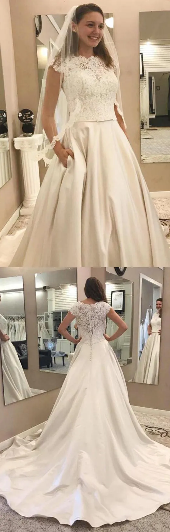 Cap Sleeve Lace Top A Line Cheap Long Bridal Wedding Dresses, BGP244