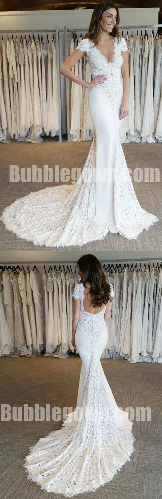 Cap Sleeves V Neck Lace Mermaid Elegant Long Wedding Dresses, BGW009