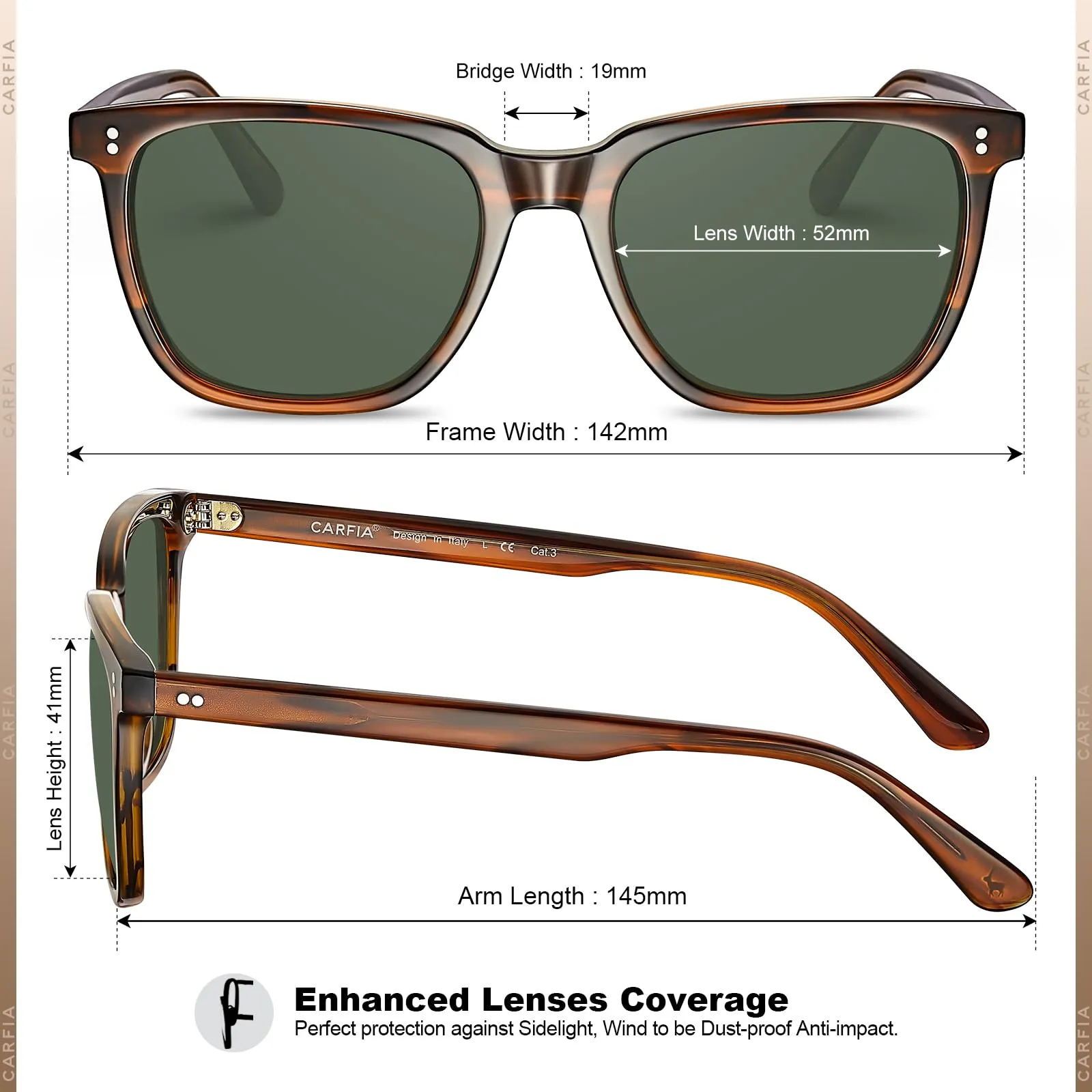 CARFIA Acetate Polarized Sunglasses for Men UV400 Protection Classic Retro Square Shades Driving Glasses