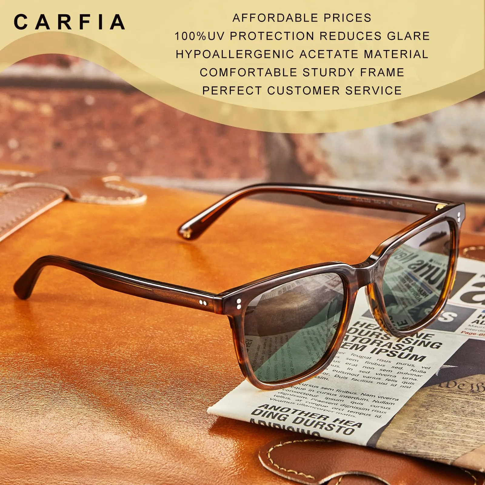 CARFIA Acetate Polarized Sunglasses for Men UV400 Protection Classic Retro Square Shades Driving Glasses