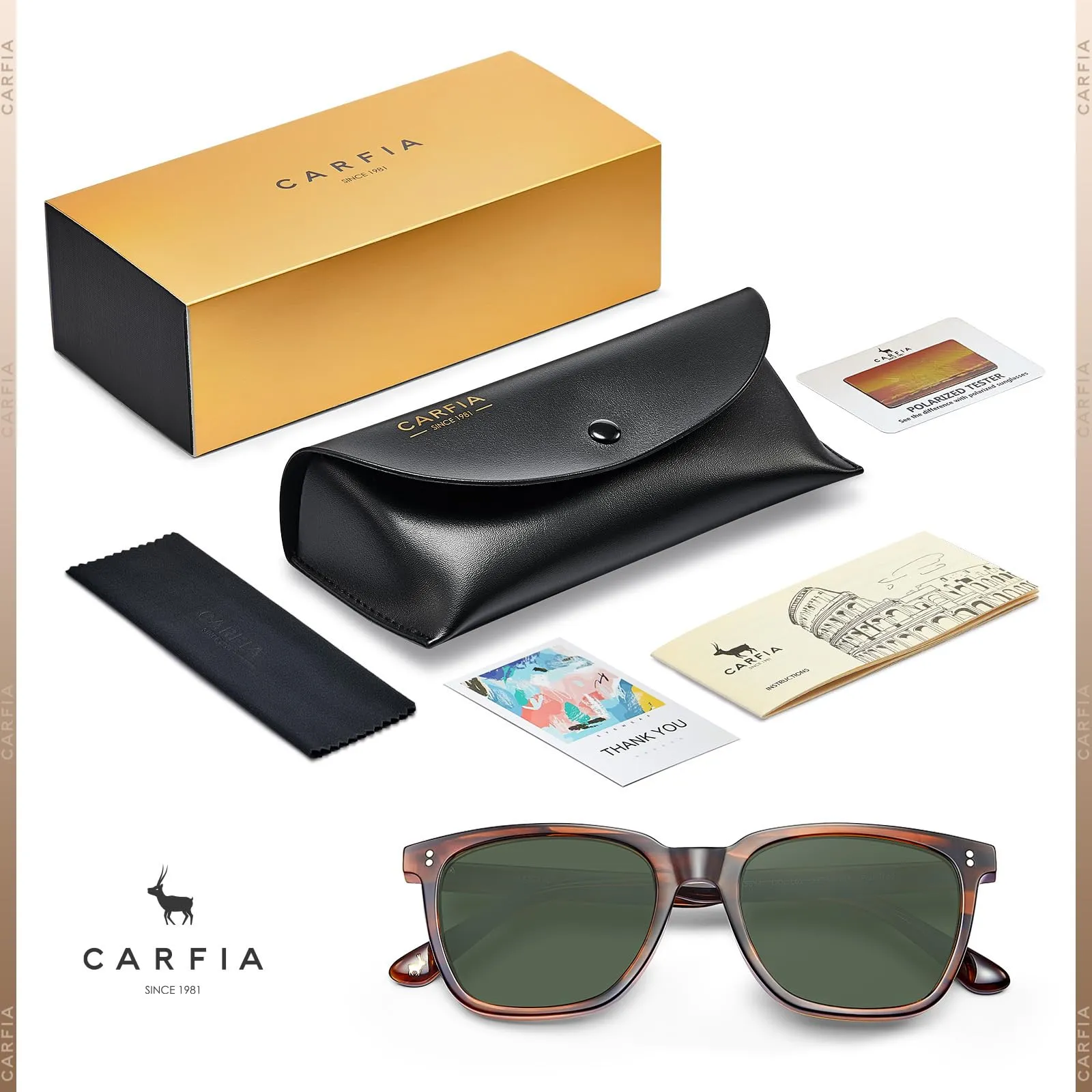 CARFIA Acetate Polarized Sunglasses for Men UV400 Protection Classic Retro Square Shades Driving Glasses