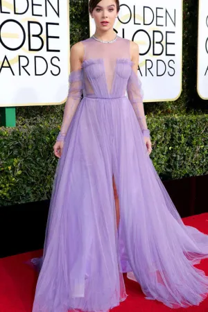 Celebrity Lilac Tulle Long Sleeves A Line See Through Prom Dresses With Slit  OK854
