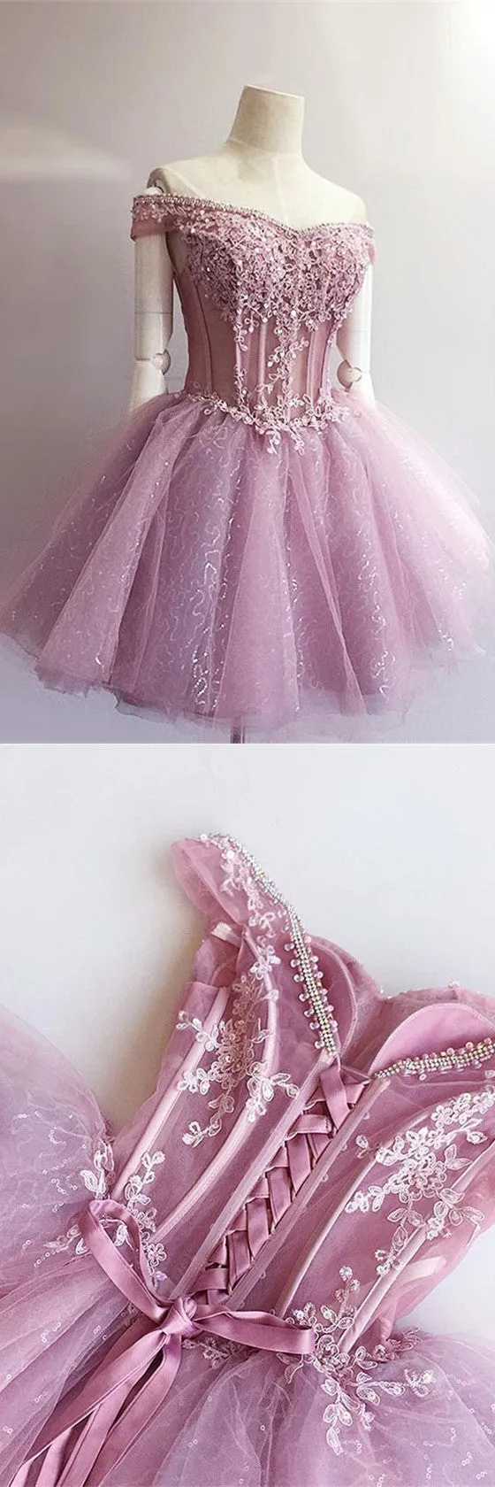 Charming A-line Off-shoulder Lace Appliques Short Homecoming Dresses For Teens, HD0372