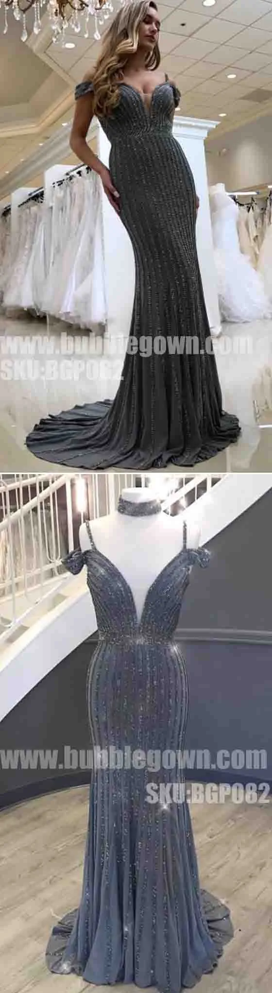 Charming Beaded Off the Shoulder Straps Mermaid Sexy Long Prom Dress, BGP082