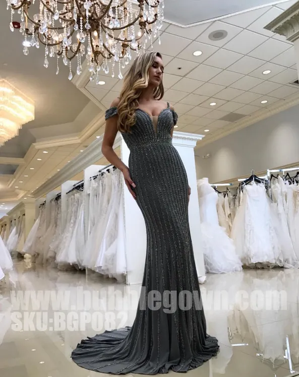 Charming Beaded Off the Shoulder Straps Mermaid Sexy Long Prom Dress, BGP082