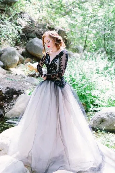 Charming Black Lace Puffy Prom Dresses,Long Sleeves Open Back Tulle Wedding Dress OK794
