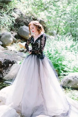 Charming Black Lace Puffy Prom Dresses,Long Sleeves Open Back Tulle Wedding Dress OK794