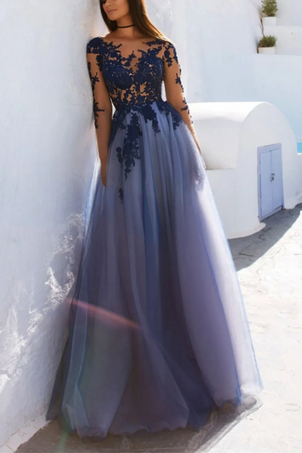 Charming Long Sleeve Appliques Sexy See Though Blue Prom Dress OK852