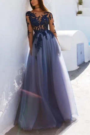 Charming Long Sleeve Appliques Sexy See Though Blue Prom Dress OK852