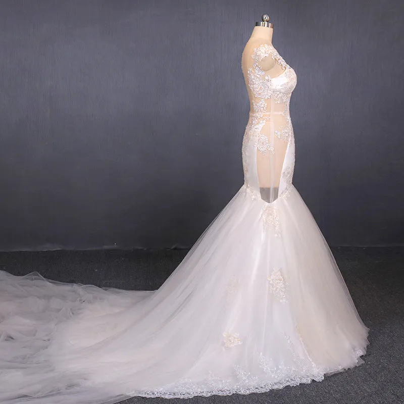 Charming Mermaid Tulle Wedding Dresses, Chapel Train Long Bridal Gown OKQ14