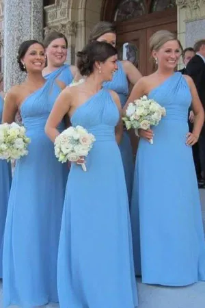 Chiffon One Shoulder Floor Length Sky Blue Pleats Bridesmaid Dresses OK926