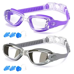 COOLOO Swim Goggles Men, 2 Pack Swimming Goggles for Women Kids Adult Anti-Fog Fathers Day Gifts for Dad, Purple & Gray