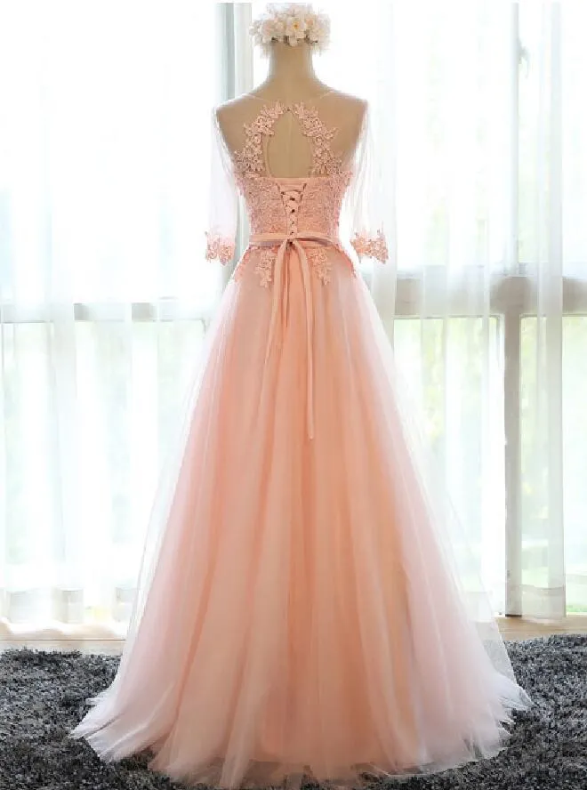 Copy of Applique Peach Half Sleeves Elegant Tulle Long Prom Dresses, BG51484