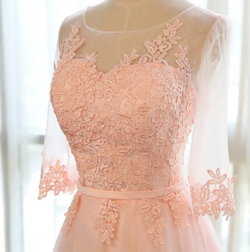 Copy of Applique Peach Half Sleeves Elegant Tulle Long Prom Dresses, BG51484