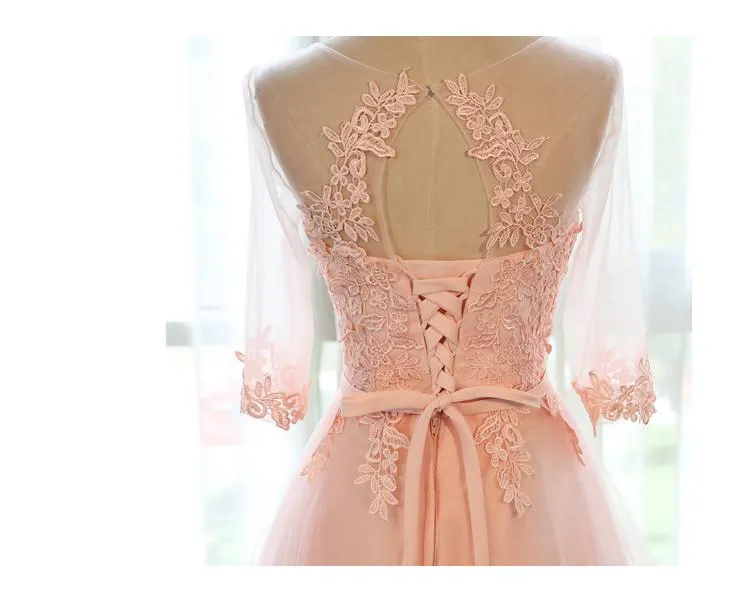 Copy of Applique Peach Half Sleeves Elegant Tulle Long Prom Dresses, BG51484