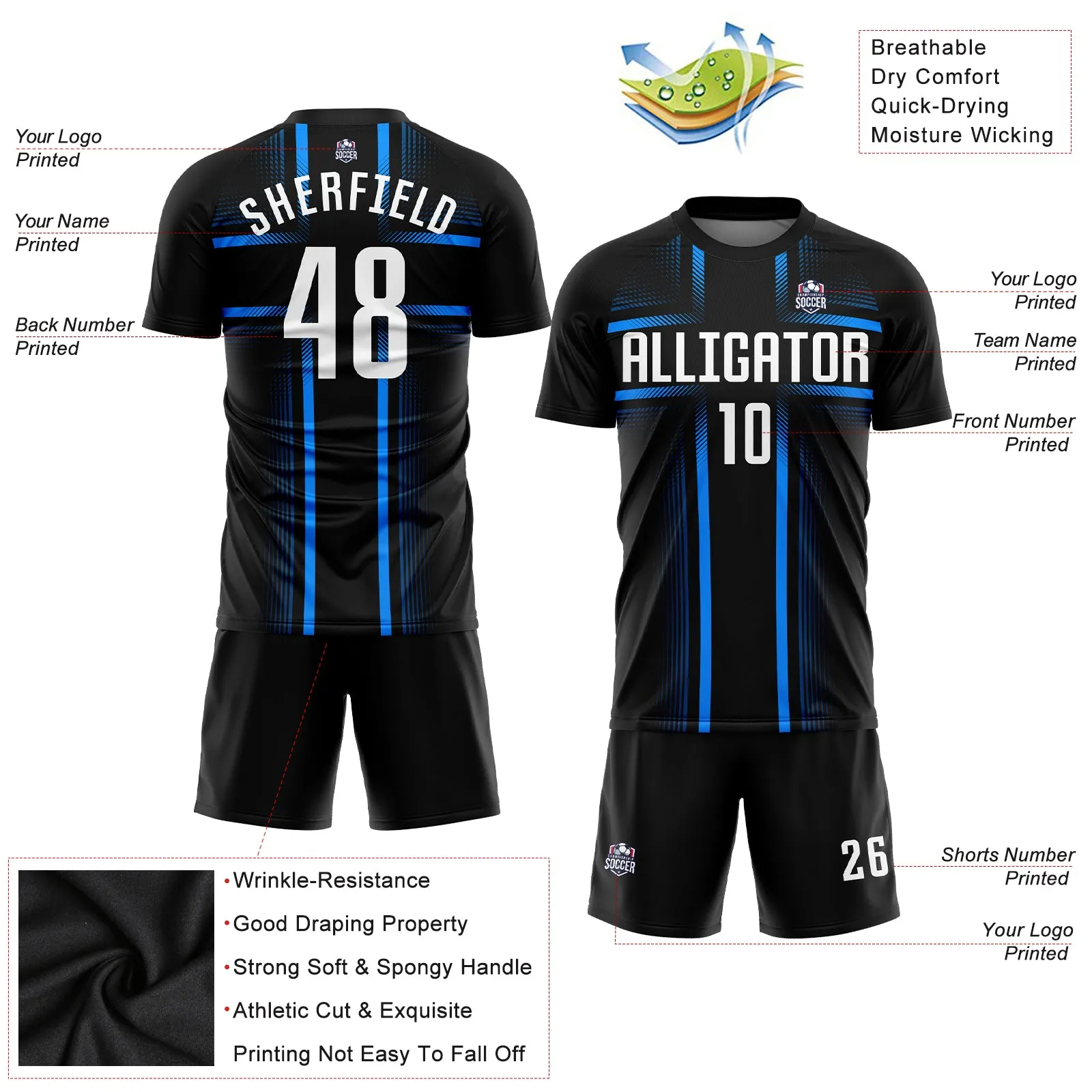 Custom Black White-Light Blue Sublimation Soccer Uniform Jersey