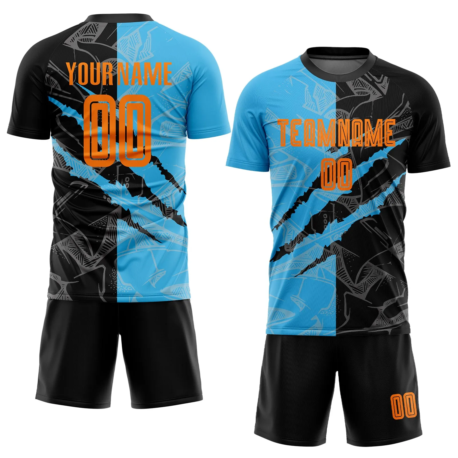 Custom Graffiti Pattern Bay Orange Black-Sky Blue Scratch Sublimation Soccer Uniform Jersey