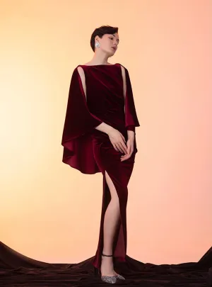Designer Velvet Sheath Prom Dress with Ruffled Cape and Low Back