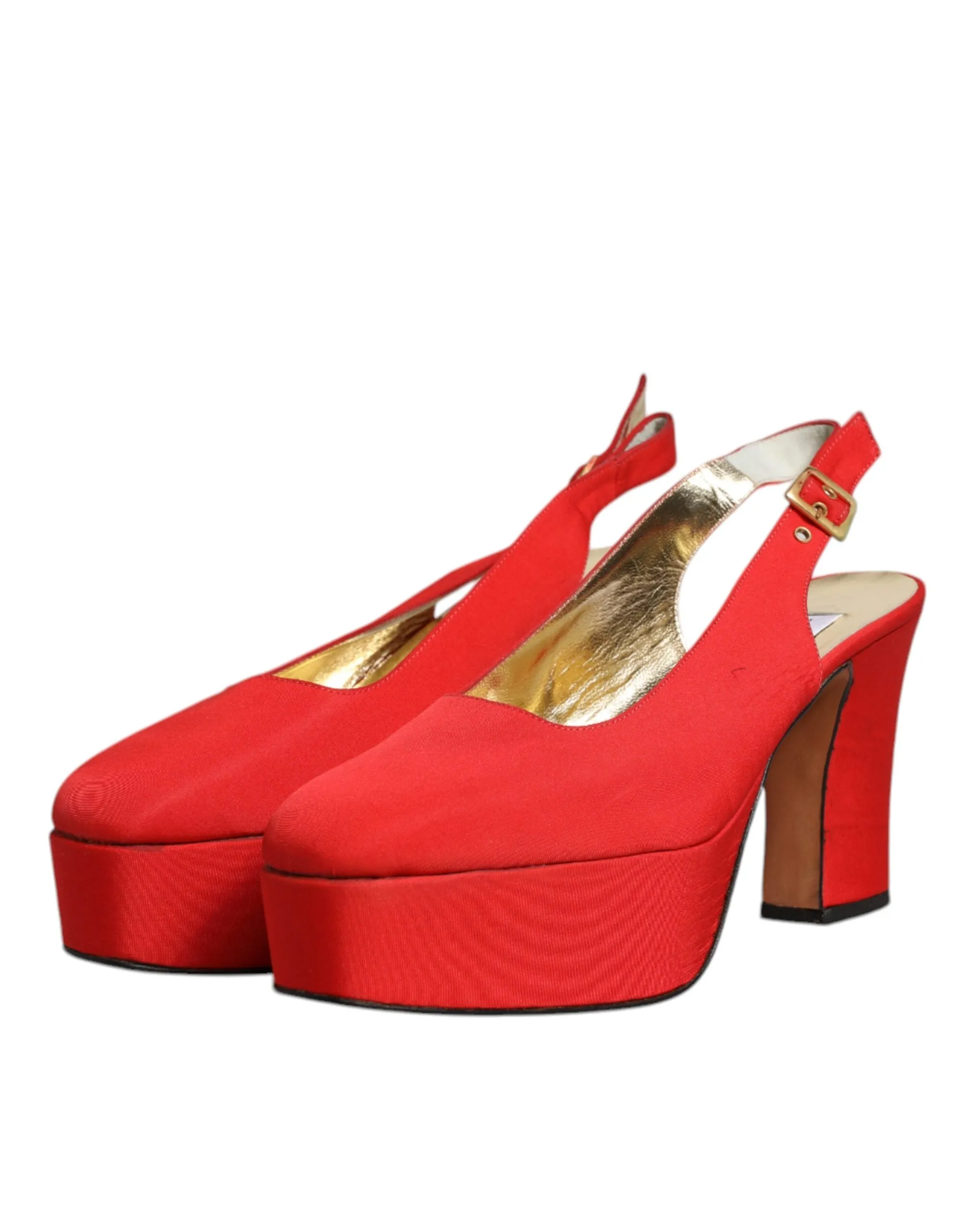 Dolce&Gabbana Women Red Sandals Leather Solid Block Heel Slingback Shoes EU 39.5