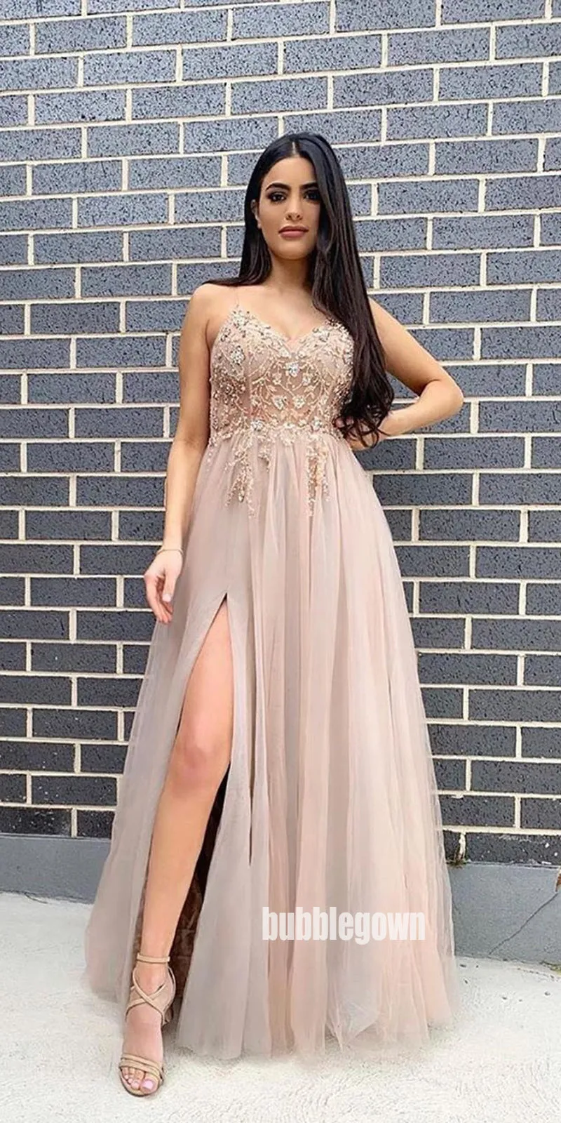 Elegant Blush Pink Applique Split Side Tulle Prom Dresses FP1175