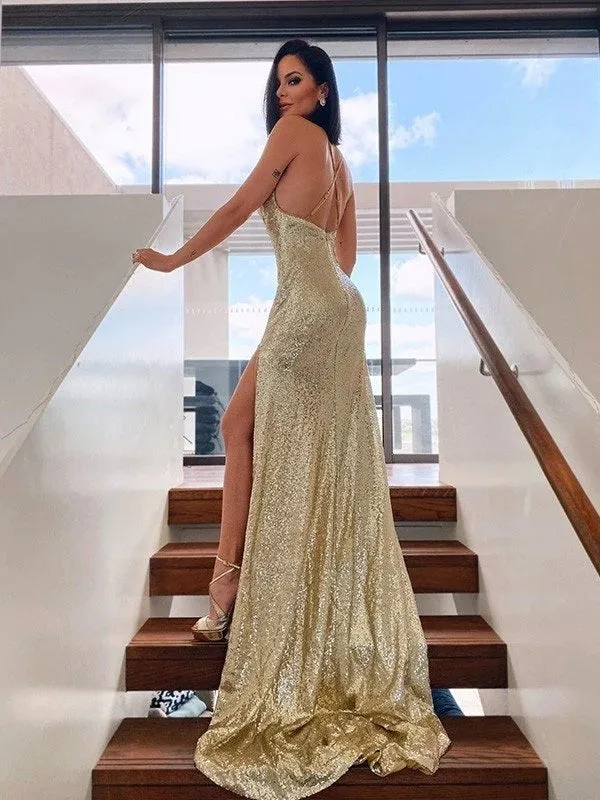 Elegant Spaghetti Straps A-line Sequins Long Prom Dress, WGP278