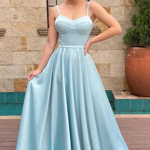 Elegant Spaghetti Straps A-line Sky Blue Satin Long Bridesmaid Dresses Online, BG545