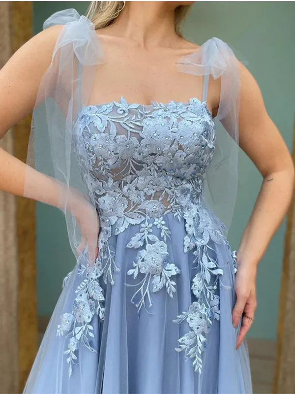 Elegant Tulle Straps Applique A-line Blue Long Prom Dresses Formal Dress, OL741