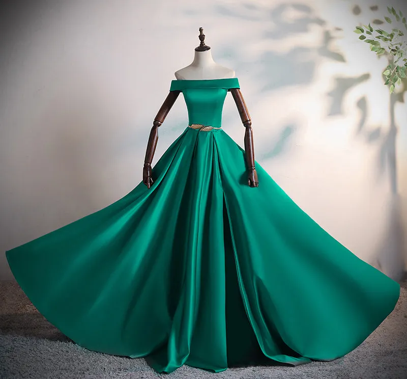 Fashionable Green Satin Scoop Long Prom Dress, A-line Green Evening Dress, Formal Dress