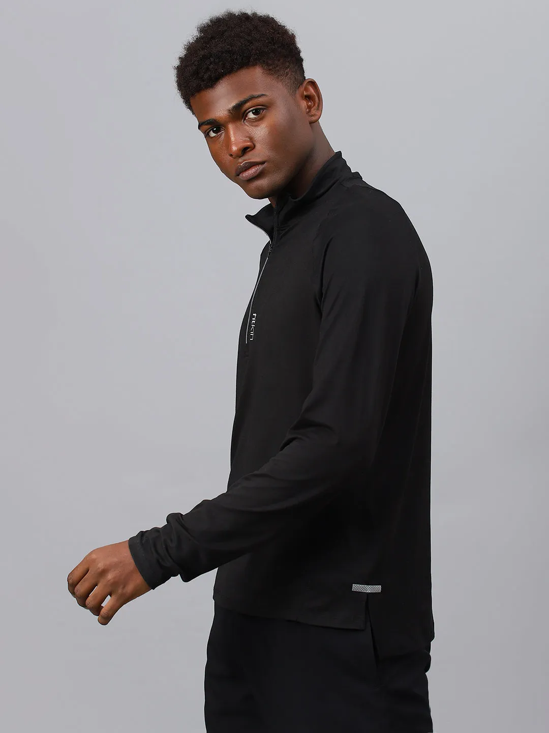 Fitkin men's black high neck front zipper full sleeves t-shirt