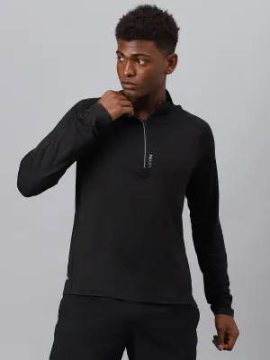 Fitkin men's black high neck front zipper full sleeves t-shirt