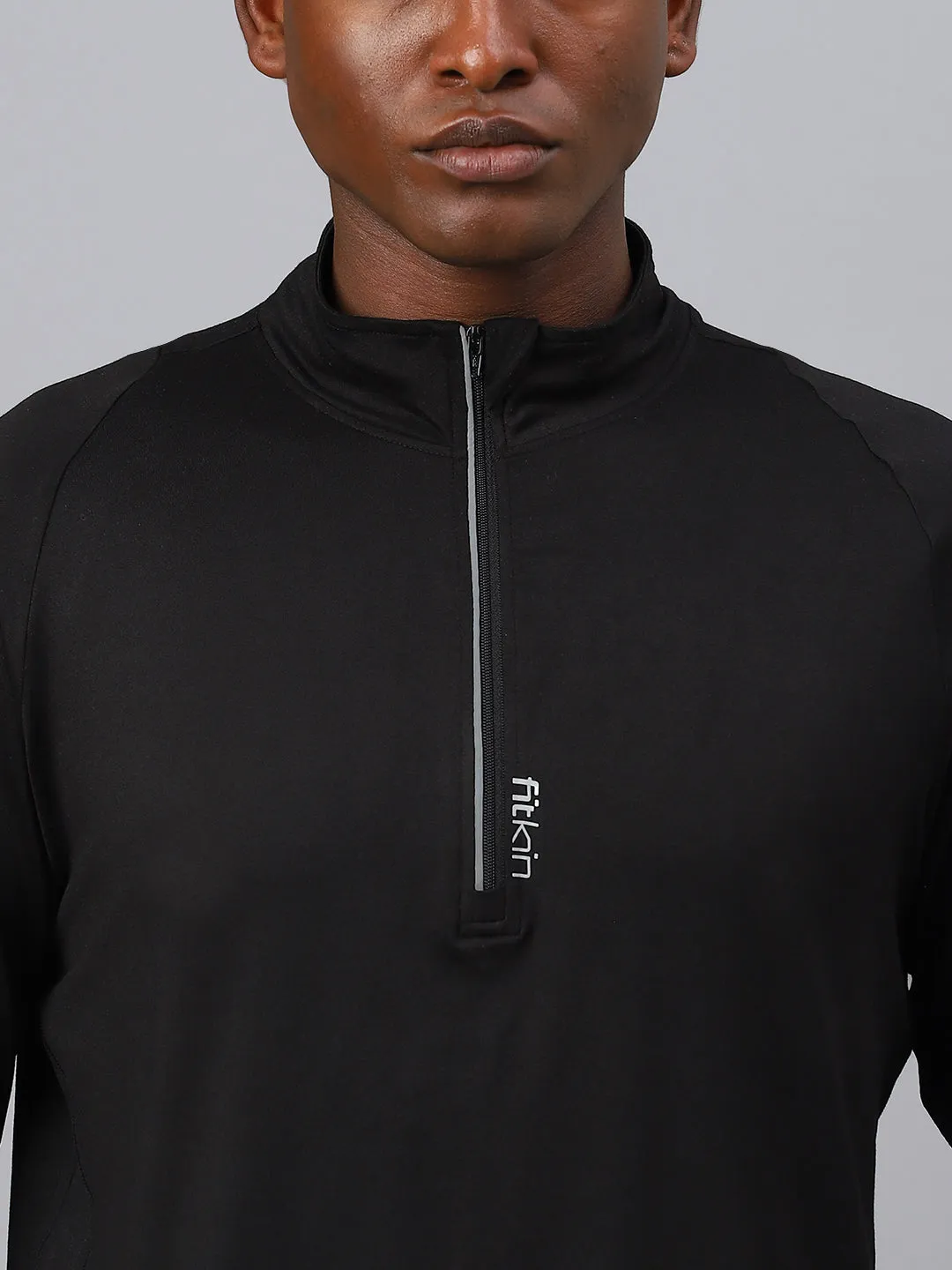 Fitkin men's black high neck front zipper full sleeves t-shirt