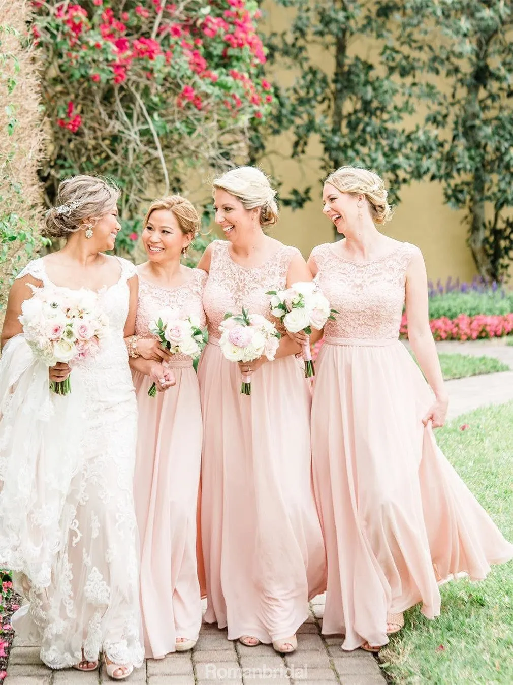 Floor-length Round Neck Lace Top Chiffon Skirt Bridesmaid dresses, BD0529