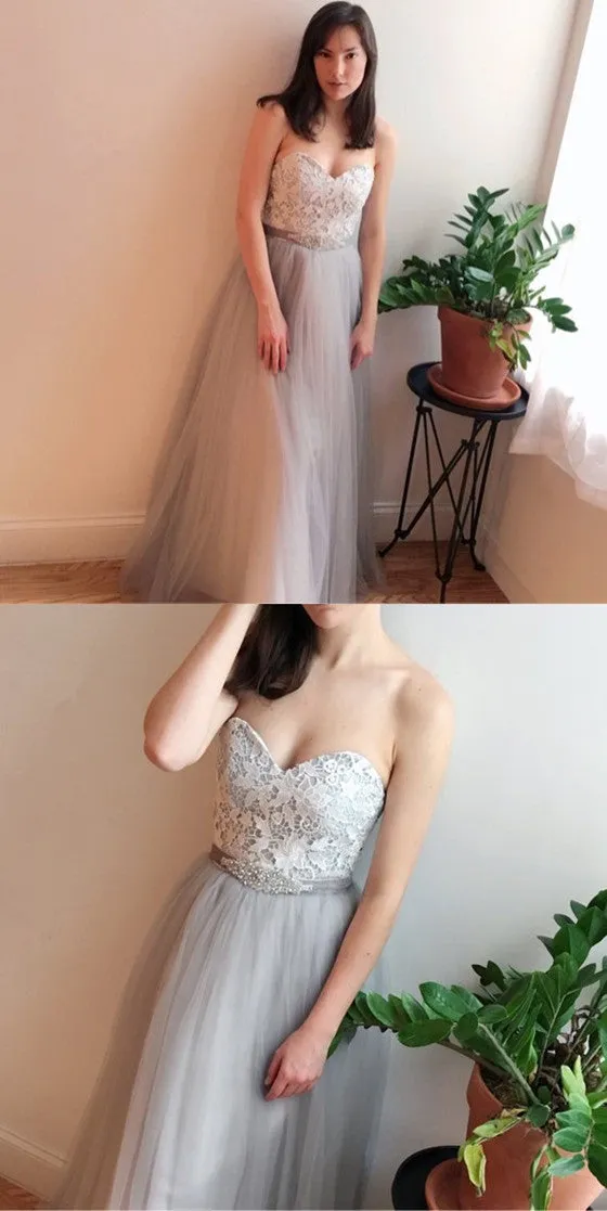 Floor-length Sweetheart Gray Lace Top Strapless Tulle skirt Wedding Dress, WD0382