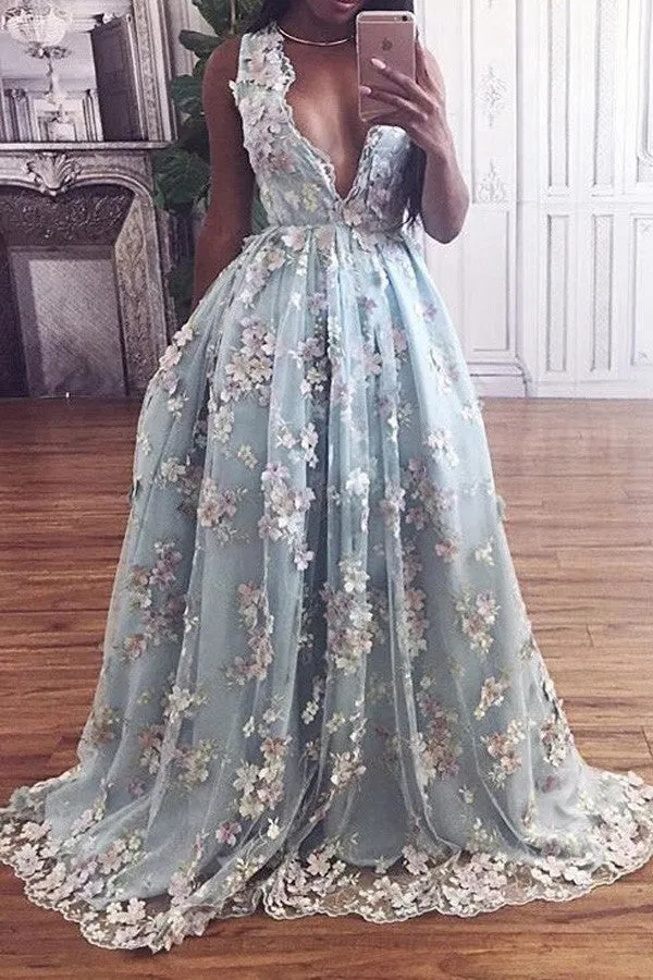 Floral Lace Deep V-neck A Line Light Sky Blue Princess Prom Dresses OKA42
