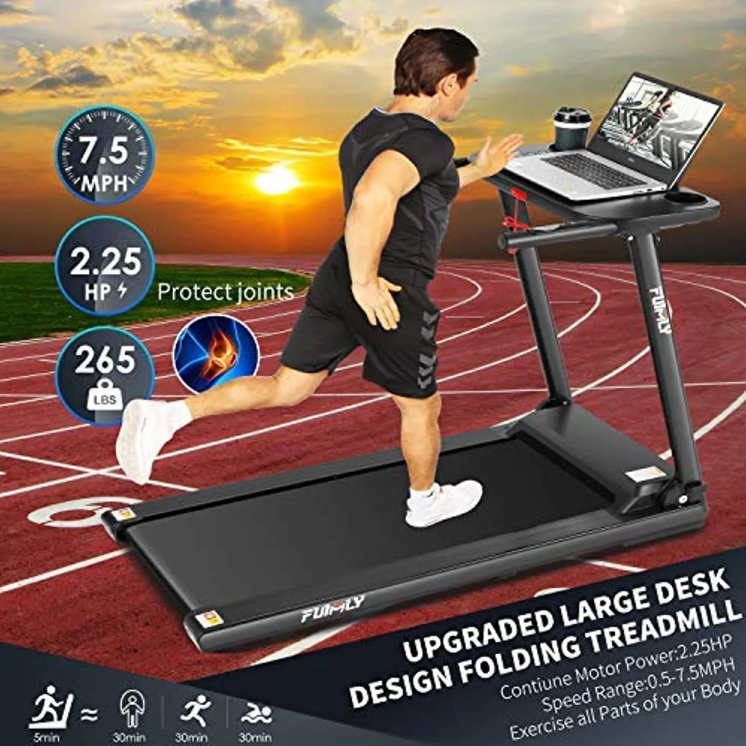 FUNMILY Treadmill for Home, Folding Treadmills with Desk and Bluetooth Speaker, Portable Electric Treadmill Machine for Running Walking Jogging Workout, 265 LBS Weight Capacity