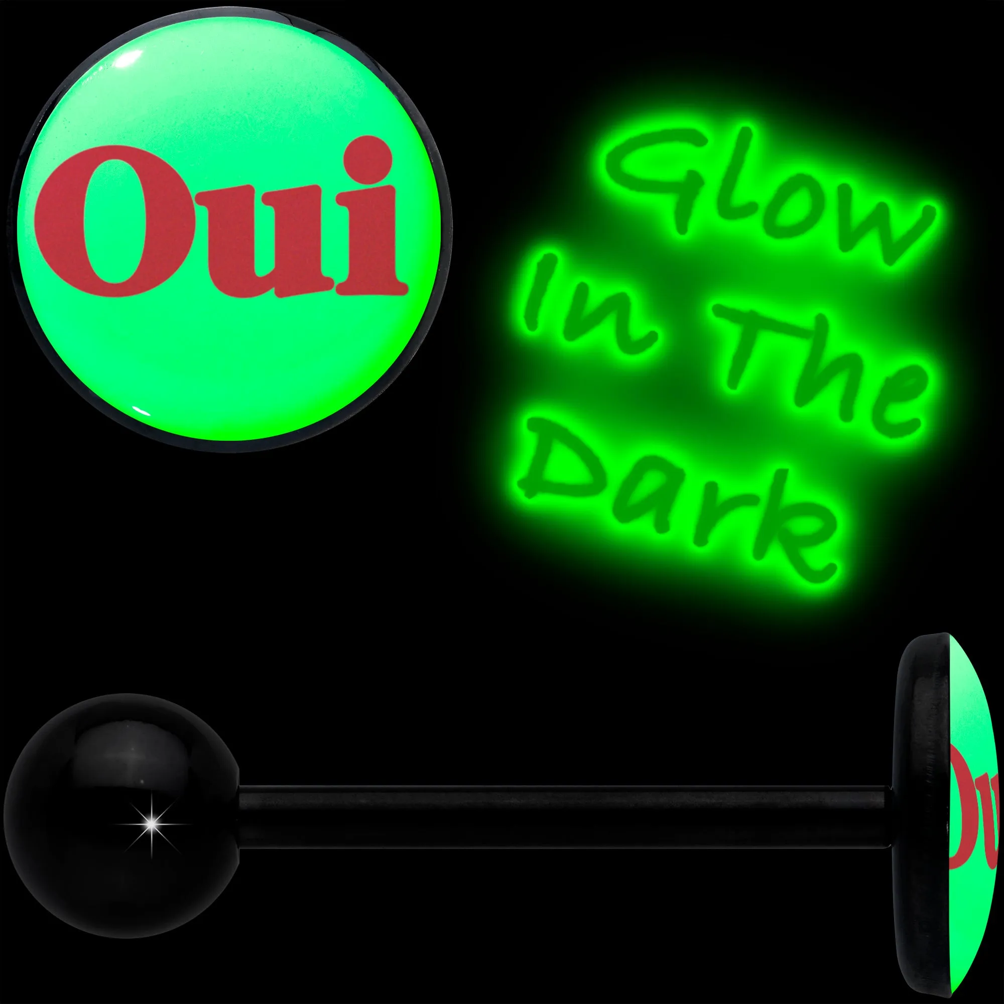 Glow in the Dark Black Anodized OUI Barbell Tongue Ring