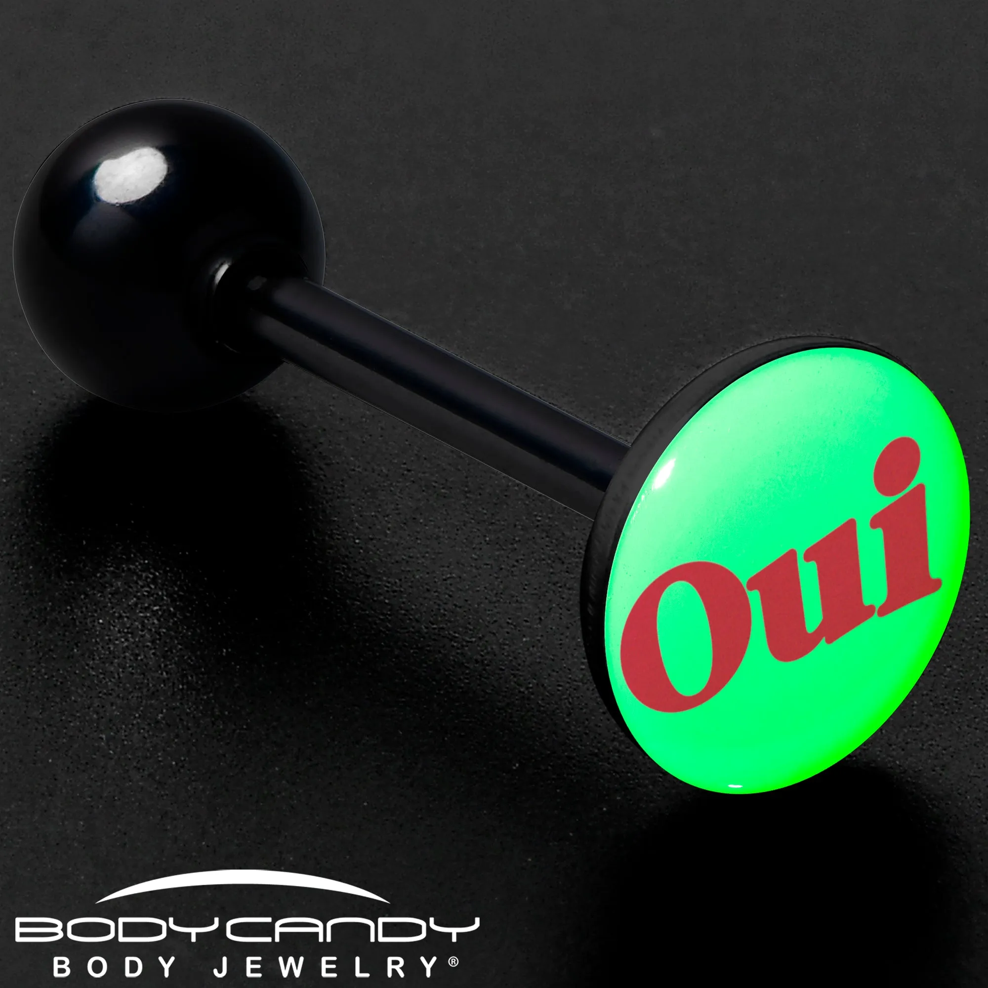 Glow in the Dark Black Anodized OUI Barbell Tongue Ring