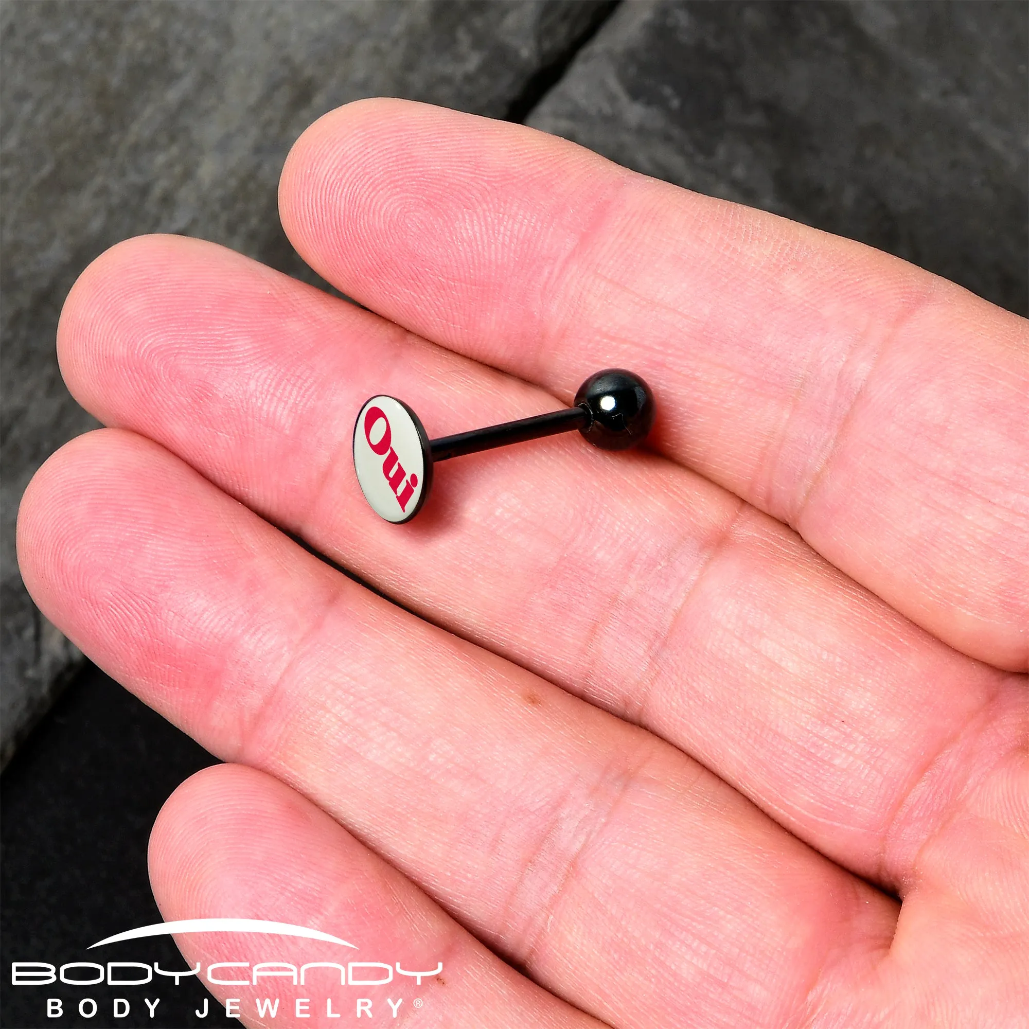 Glow in the Dark Black Anodized OUI Barbell Tongue Ring