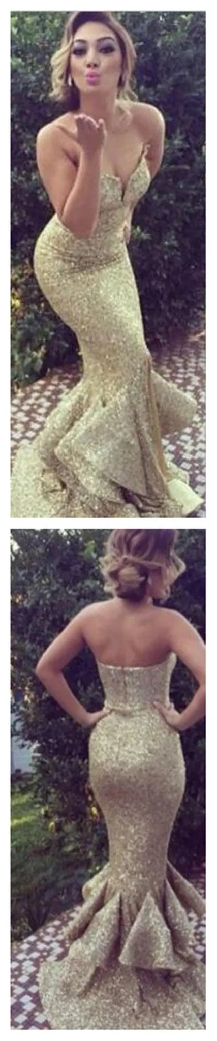 Gold Sequin Sweetheart Long Mermaid Evening Party Prom Dresses, BG51089