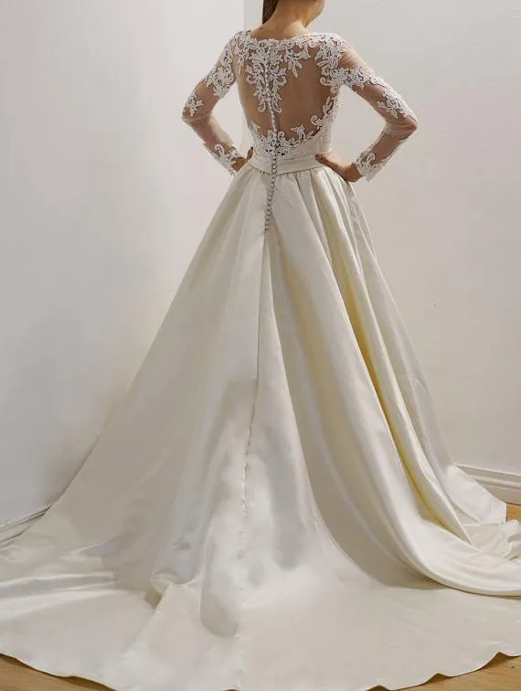 Gorgeous Long sleeves Lace Top Wedding Gown, Custom Made Long Wedding Dresses, WD0370