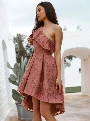 Gorgeous One-Shoulder Pleated Ruffles Full Lace Homecoming Dress, HD0410