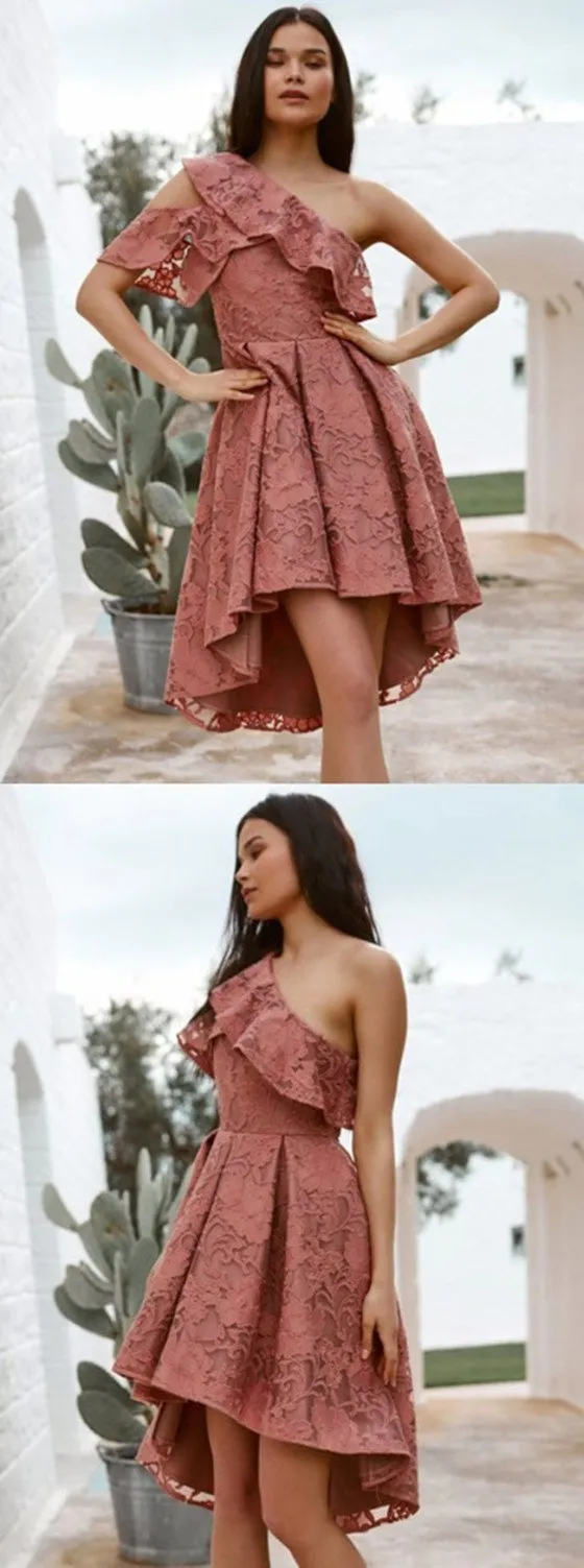 Gorgeous One-Shoulder Pleated Ruffles Full Lace Homecoming Dress, HD0410