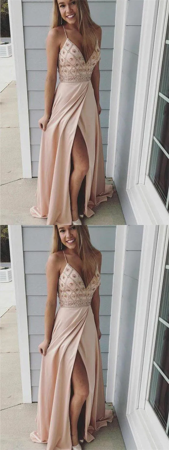 Great Spaghetti Straps Beading Long A-Line Side Slit Prom Dress OKE40