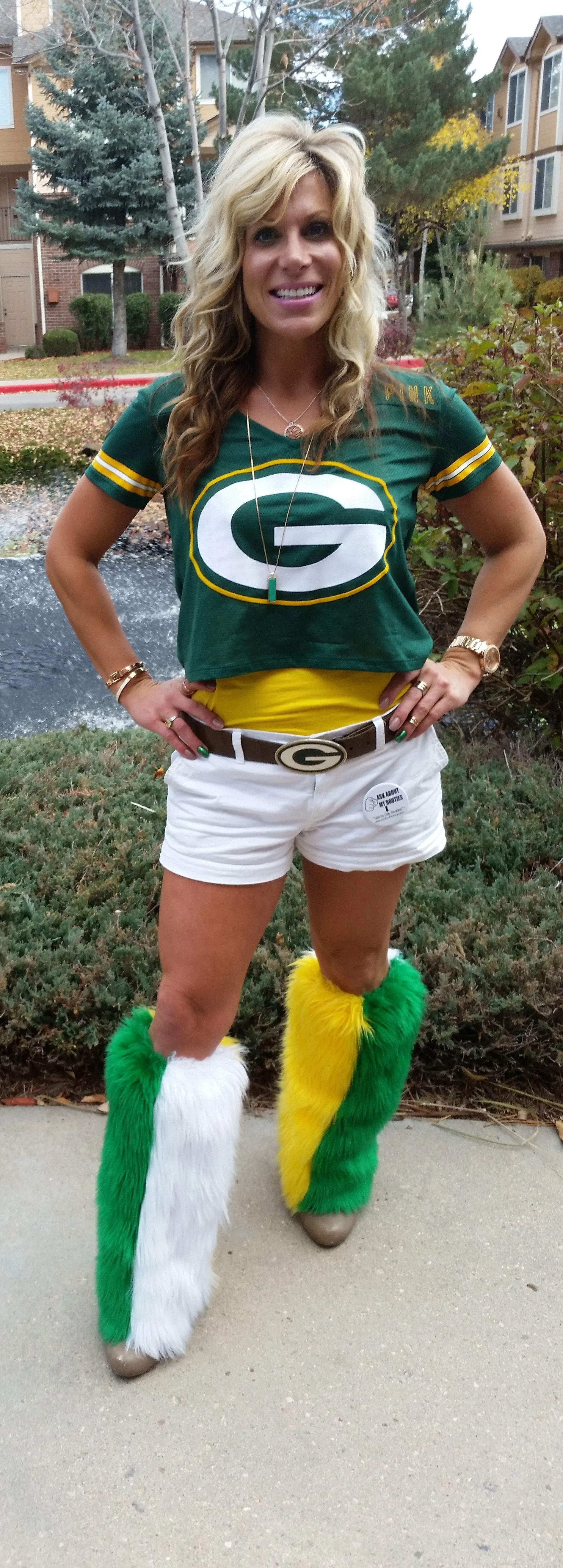Green, Yellow & White Faux Fur Leg Warmers - Game Day Booties - Sports Leg Warmers
