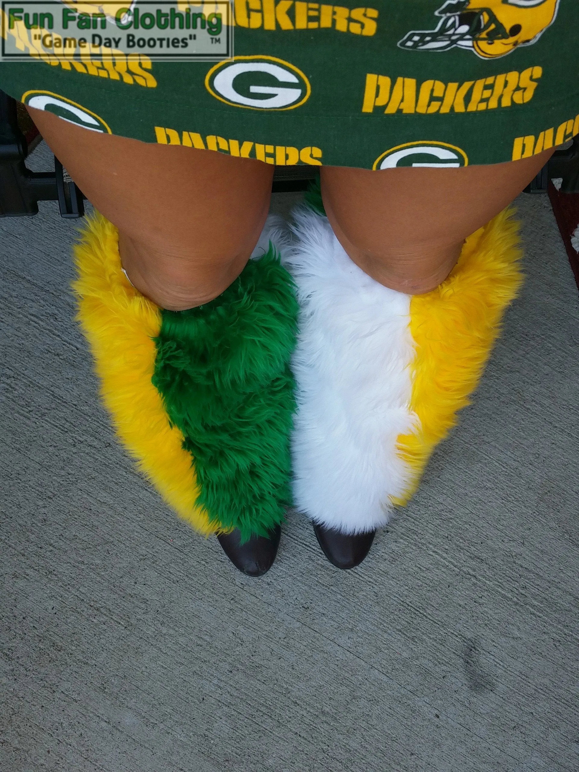 Green, Yellow & White Faux Fur Leg Warmers - Game Day Booties - Sports Leg Warmers