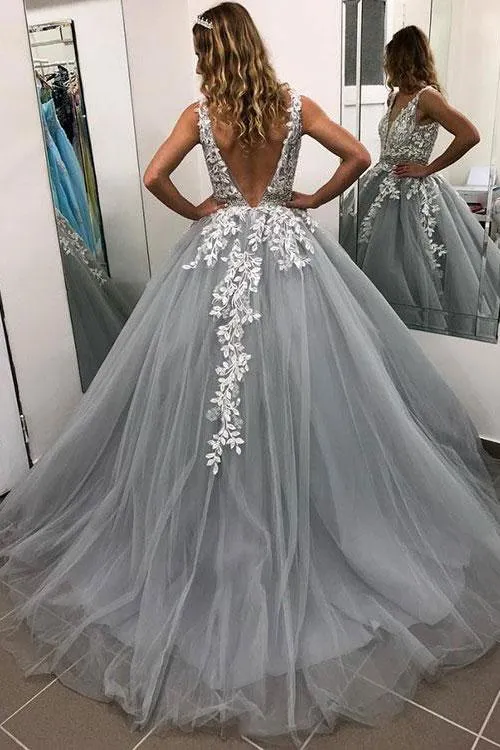 Grey Deep V-neck Tulle Appliques Beading Prom Dresses, PD0702